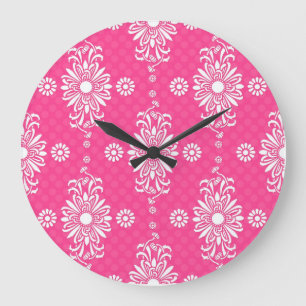 Bright Girl Pink und White Floral Muster Große Wanduhr