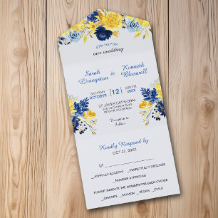 Bright Gold Navy Blue Floral Bouquet Wedding All In One Einladung
