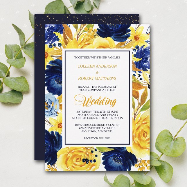 Bright Gold Navy Blue Floral Moderne Hochzeit Einl Einladung (Von Creator hochgeladen)