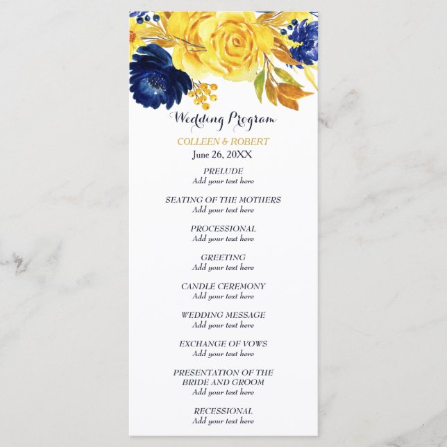 Bright Gold Navy Blue Floral Wedding Program Programm (Vorderseite)