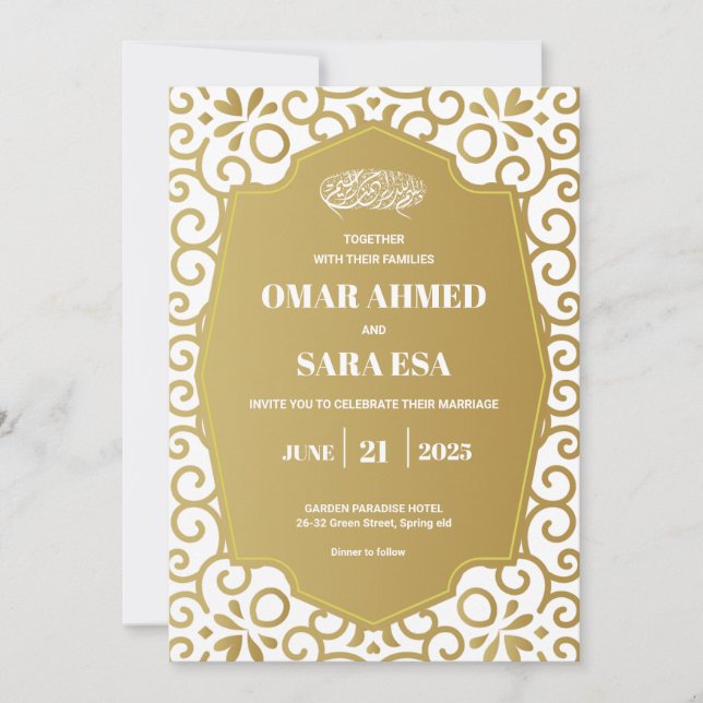 Bright Gold Swirl White Islamic Muslim Wedding  Einladung (Vorderseite)