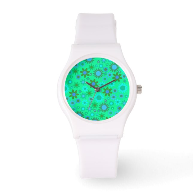 Bright Green Flower Power Pattern Armbanduhr (Vorderseite)