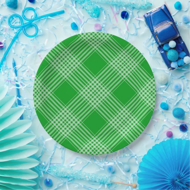 Bright Green Plaid Checked Pattern Pappteller (Party)