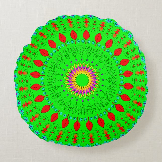 Bright Green Round Bohemian Throw Pillow Rundes Kissen (Vorderseite)