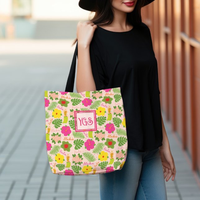 Bright Hawaiian Hula Monogram Art (Tropical Monogram Hawaiian Flower Aloha Hula Woman Tote Bag)