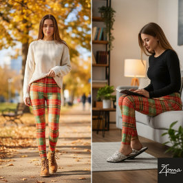 Bright Holiday Red Green Tartan Plaid Leggings