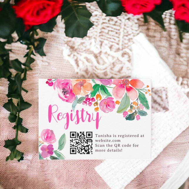Bright hot pink fall floral script bridal registry begleitkarte (Bright hot pink fall floral script bridal registry enclosure card)