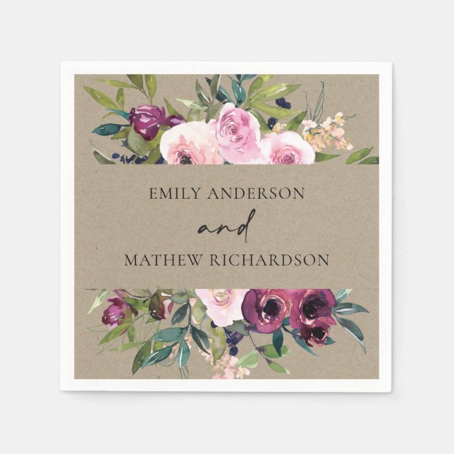 BRIGHT KRAFT BLUSH BURGUNDY FLORAL BUNCH WEDING SERVIETTE (Vorderseite)