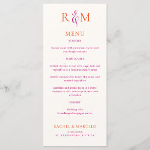 Bright Magenta Orange Simple Monogram Wedding Menu Menükarte