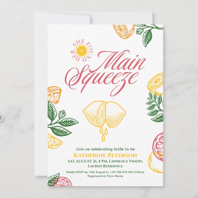 Bright Main Squeeze Citrus Bridal Shower Einladung (Vorderseite)