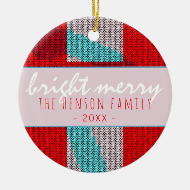 Bright Merry Script Red Strick Knitter Family Keramik Ornament (Vorne)