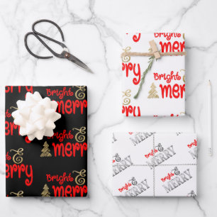 Bright Merry Typografie Red Black Gold Weihnachten Geschenkpapier Set