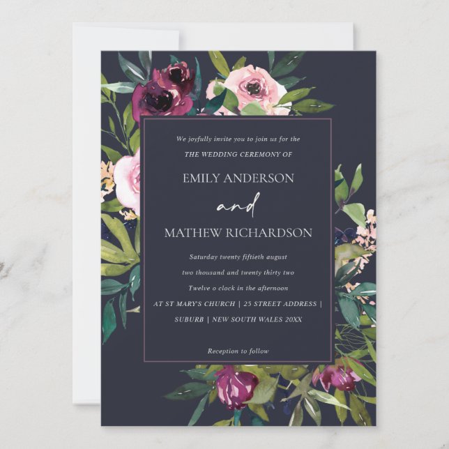 BRIGHT NAVY BLUSH BURGUNDY FLORAL BUNCH WEDING EINLADUNG (Vorderseite)