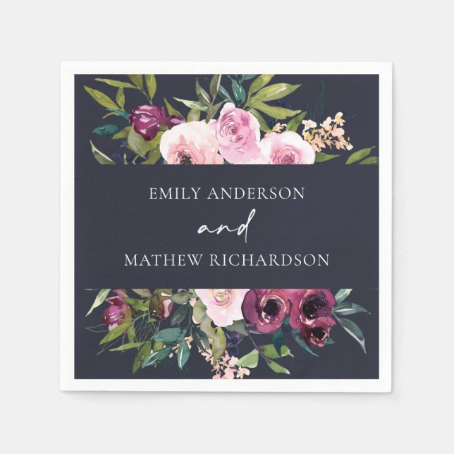 BRIGHT NAVY BLUSH BURGUNDY FLORAL BUNCH WEDING SERVIETTE (Vorderseite)