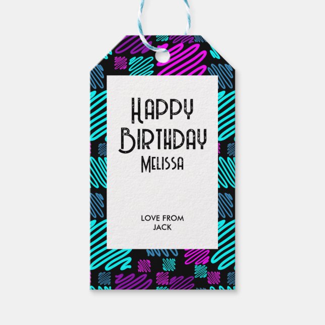 Bright Neon Geometric Muster Black Birthday Geschenkanhänger (Vorderseite)