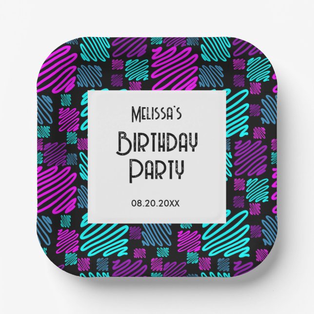 Bright Neon Geometric Muster Black Birthday Pappteller (Vorderseite)