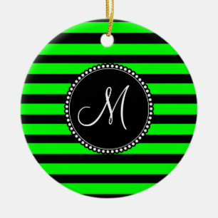 Bright Neon Lime Green und Black Stripes Keramik Ornament