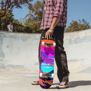 Bright Neon Retro Waves Crashing Skateboard