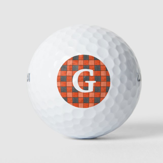 Bright Orange Black Karo Golf Ball Monogram (Vorderseite)