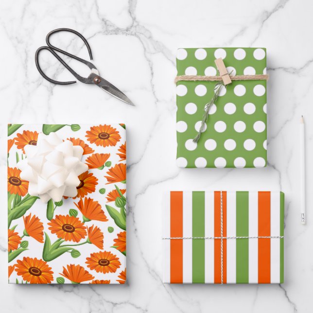 Bright Orange Daisies Wrapping Paper Set Geschenkpapier Set (Vorderseite)