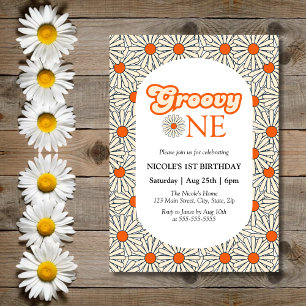 Bright Orange Daisy Floral Groovy 1. Geburtstag Einladung