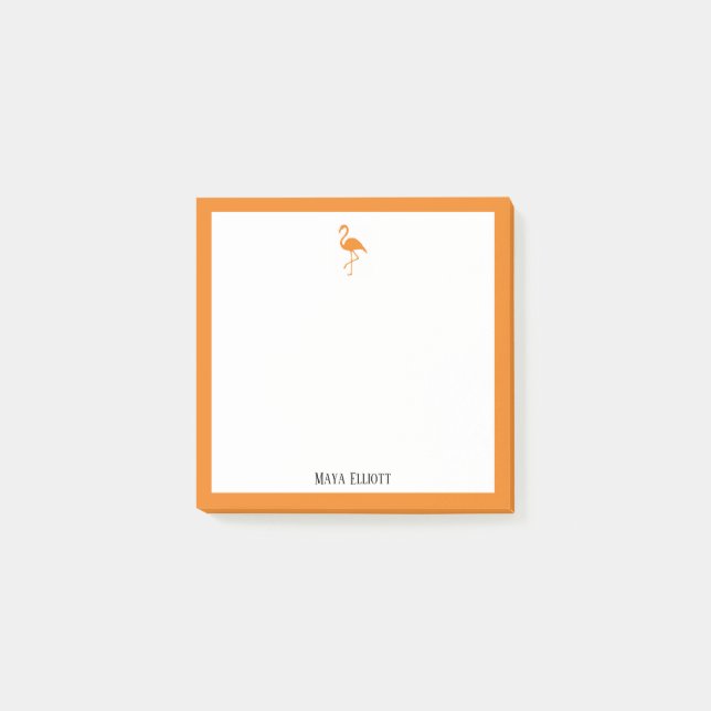 Bright Orange Flamingo & Border on White mit Name Post-it Klebezettel (Vorderseite)