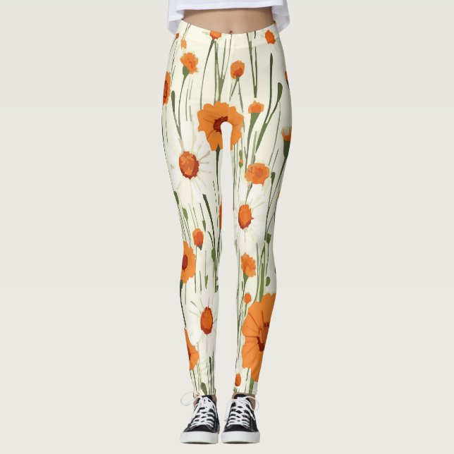Bright Orange Floral Pattern Leggings (Vorderseite)