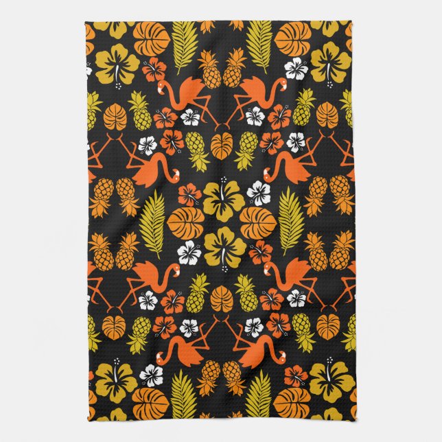 Bright Orange Floral Tropical Gemustert Geschirrtuch (Vertikal)