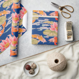 Bright Orange Koi Fisch Rosa Blume Dunkelblau  Geschenkpapier