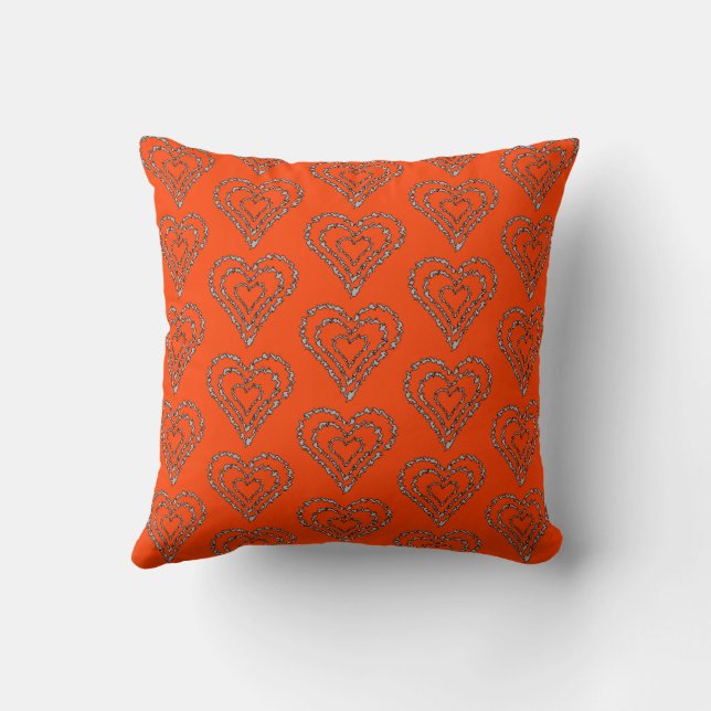 Bright Orange Red Heart Shape Pattern Kissen (Rückseite)