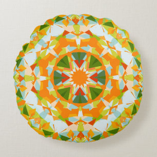 Bright Orange Vibrant Green Star Boho Maximalist Rundes Kissen