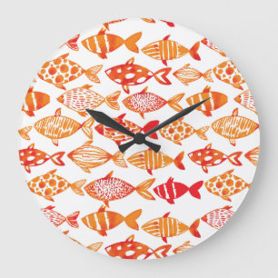 Bright Orange Watercolor Fish Pattern Große Wanduhr