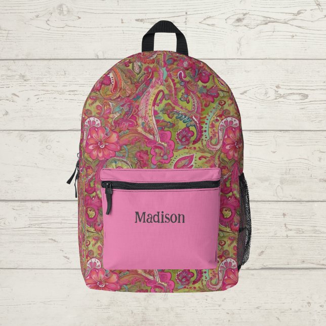 Bright Paisley Gemustert Backpack Bedruckter Rucksack (Girls pink retro monogram backpack, ideal for school)