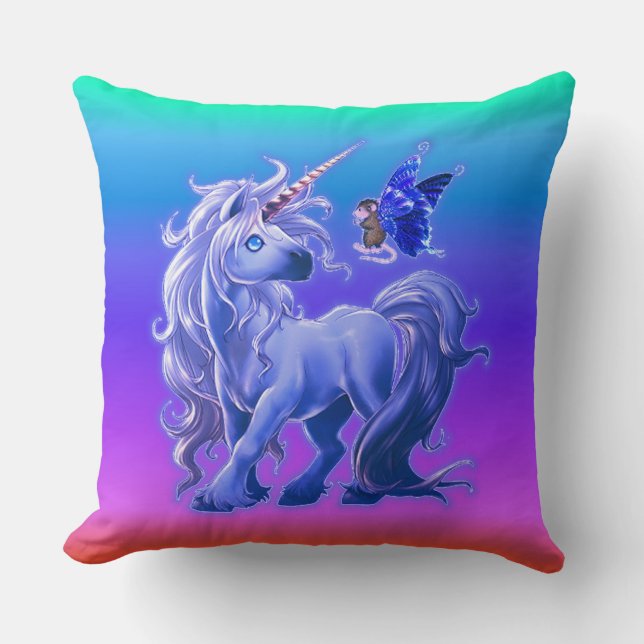 Bright Pastel Rainbow Blue Unicorn Kissen (Vorderseite)