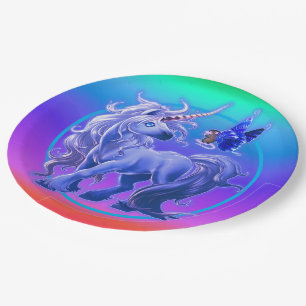 Bright Pastel Rainbow Blue Unicorn Pappteller
