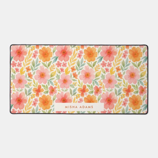 Bright Pattern Pink Orange Watercolor Floral  Schreibtischunterlage (Vorderseite)