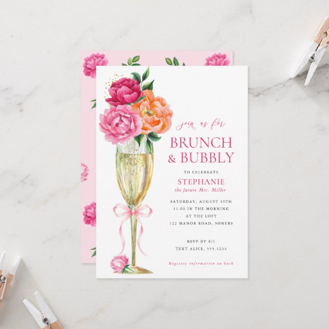 Bright Peony w/QR Code on Back, Brunch and Bubbly  Einladung (Vorderseite/Rückseite Beispiel)