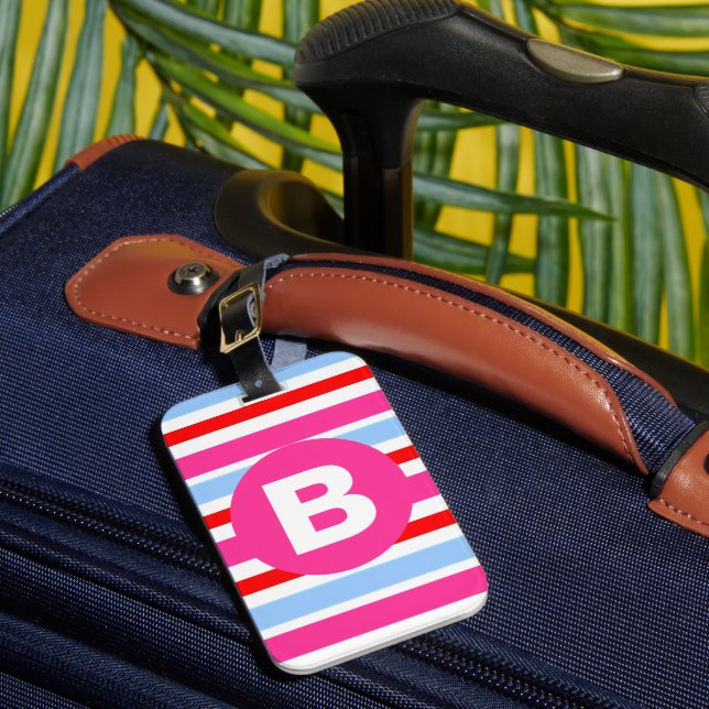 Bright Pink and Blue Candy Stripes Monogram Gepäckanhänger (Vorderseite Insitu 1)