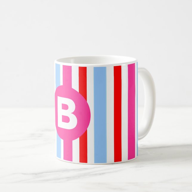 Bright Pink and Blue Candy Stripes Monogram Kaffeetasse (VorderseiteRechts)