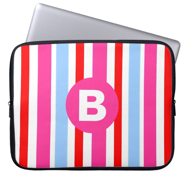 Bright Pink and Blue Candy Stripes Monogram Laptopschutzhülle (Vorderseite)
