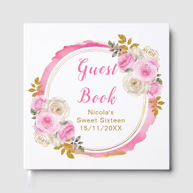 Bright Pink and Gold Elegant Flowers Sweet Sixteen Gästebuch (Vorderseite)