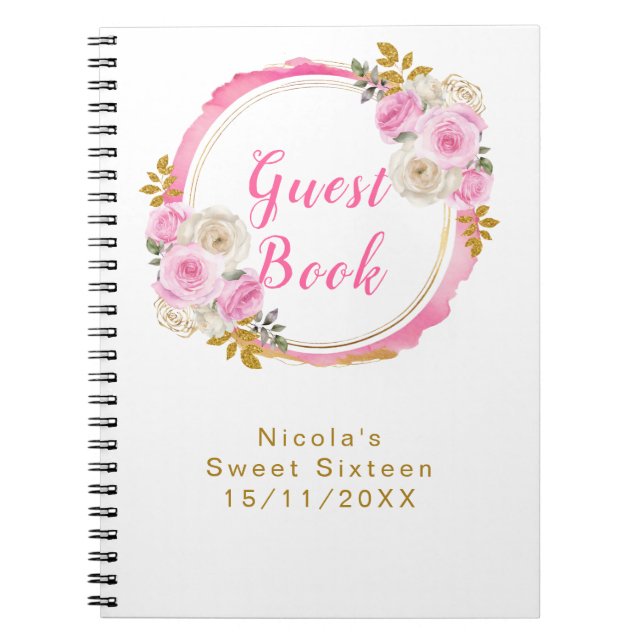 Bright Pink and Gold Elegant Flowers Sweet Sixteen Notizblock (Vorderseite)