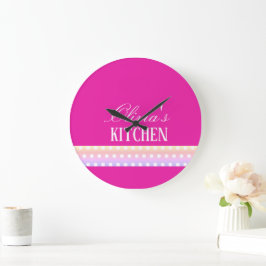 Bright Pink and Pola Dots Große Wanduhr