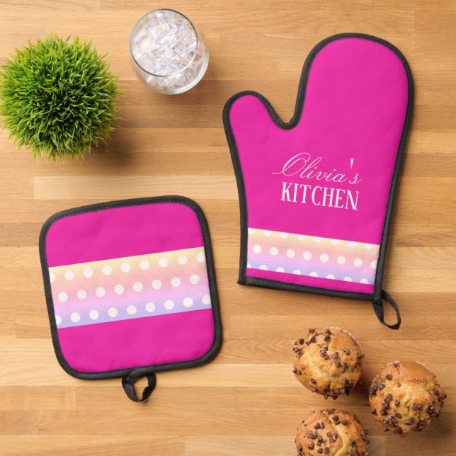 Bright Pink and Pola Dots  Ofenhandschuh & Topflappen-Set (Oben Unten)