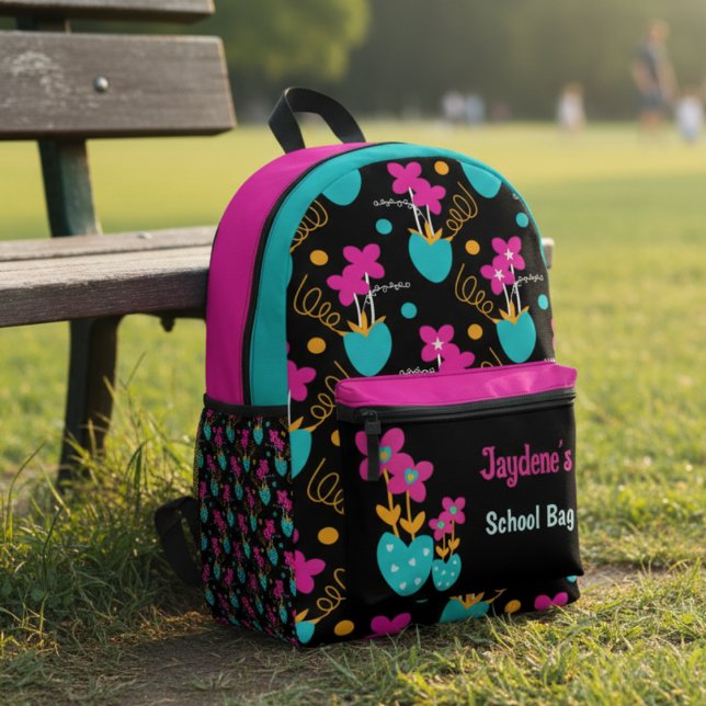 Bright Pink And Teal Whimisical Bedruckter Rucksack (Big florals, bold vibes, this backpack turns every school run or day trip into a style moment.)