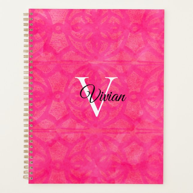 Bright Pink Batik Elegante Monogram Name Planner Planer (Vorderseite)