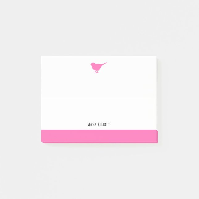 Bright Pink Bird & Border on White mit Name Post-it Klebezettel (Vorderseite)
