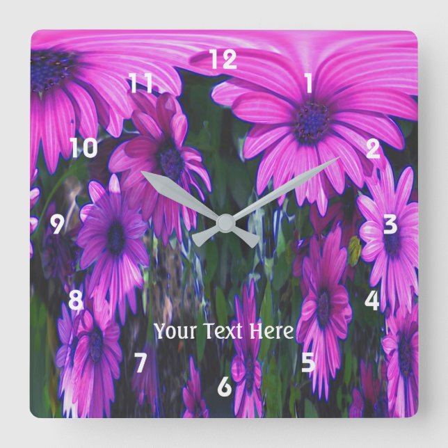 Bright Pink Daisy Flowers Abstract Art Quadratische Wanduhr (Vorderseite)