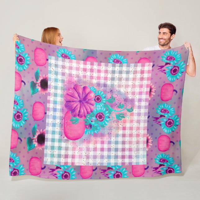 BRIGHT PINK FALLL PUMPKINS & AQUA SONNENBLUMEN FLEECEDECKE (Beispiel)