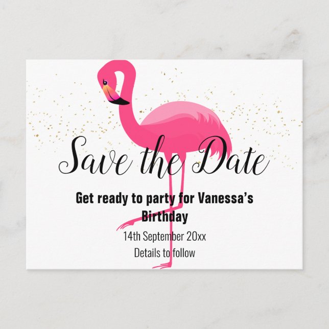 BRIGHT PINK FLAMINGO Save the Date weiß Ankündigungspostkarte (Vorderseite)